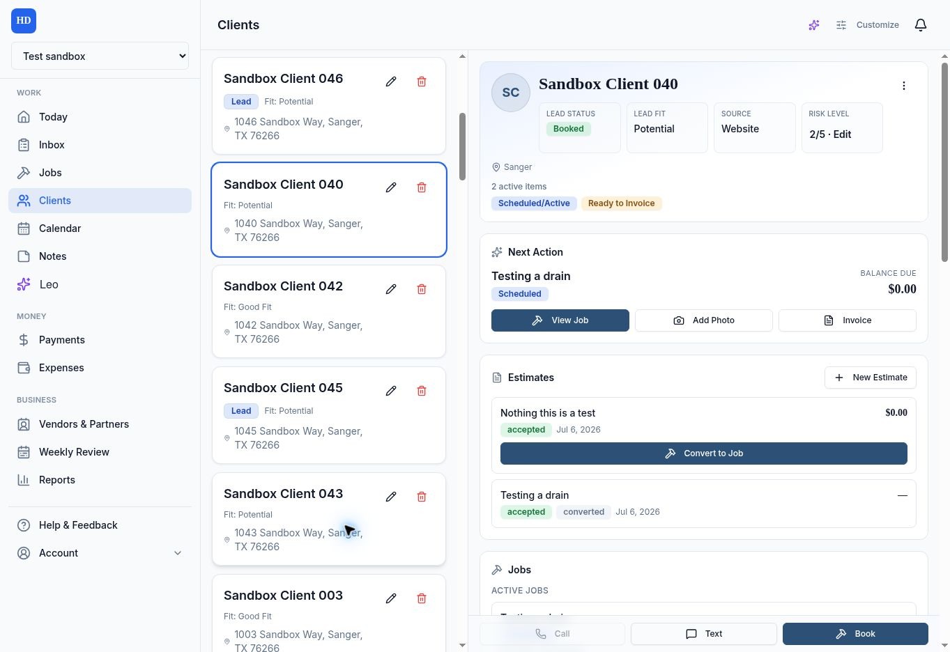 HandyDesk client workspace showing next action, estimates, and jobs