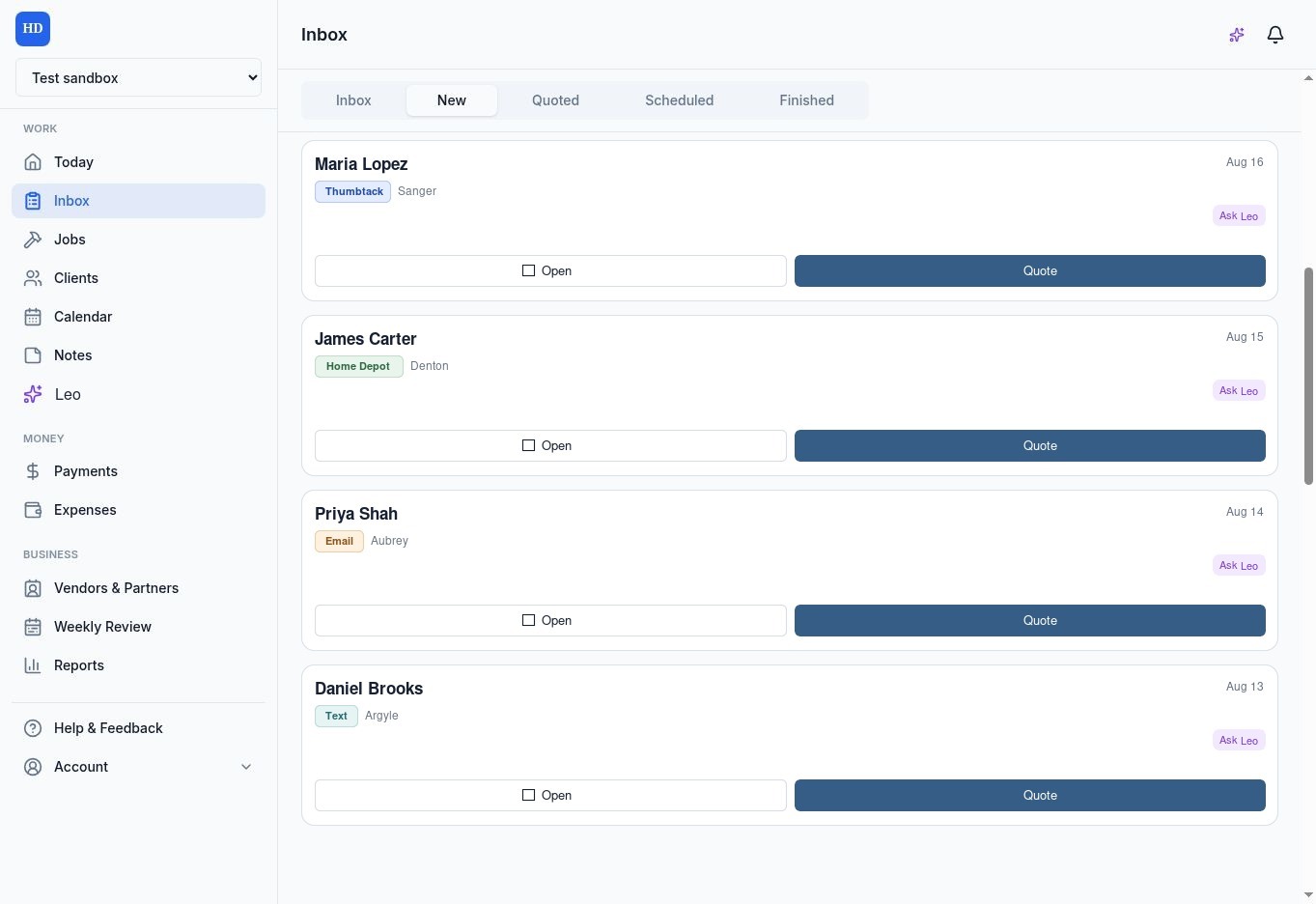 HandyDesk lead inbox showing Thumbtack, Home Depot, Email, and Text lead sources with open, quote, and Ask Leo actions