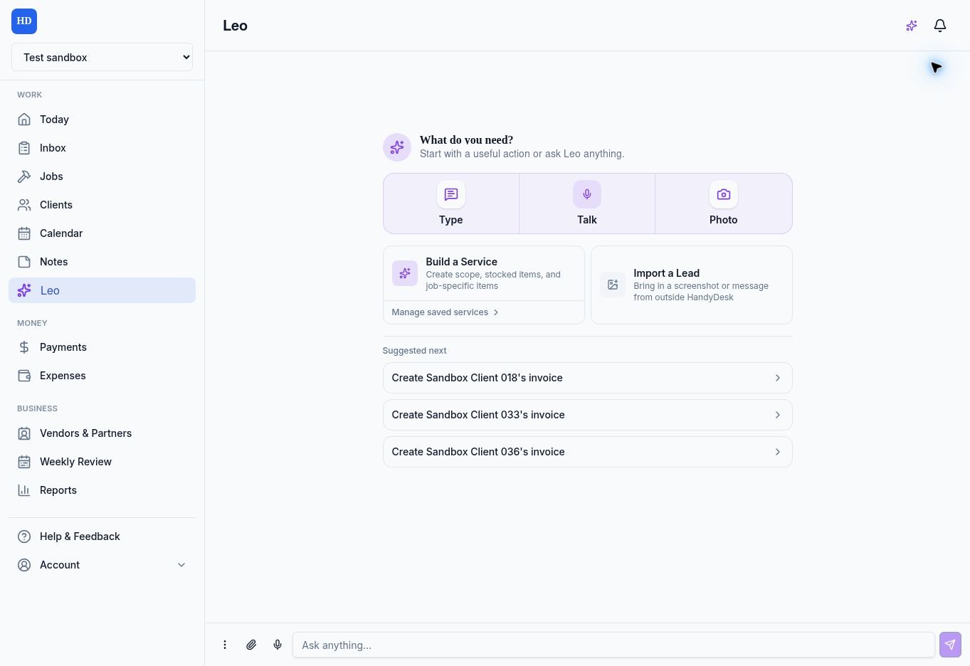 Leo workspace showing type, talk, photo, service builder, lead import, and suggested next actions